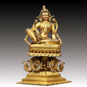 A Solemn Gilt Bronze Statue of Avalokitesvara, With Inscription