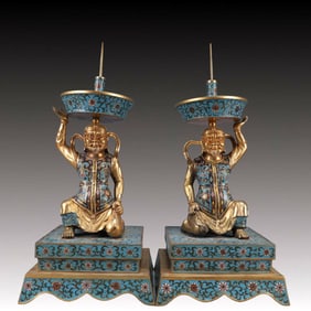 A Pair of Exquisite Cloisonne Lotus Pattern Figure-Shaped Candlesticks