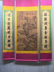 A Set of Chinese Vertical Scroll Ink Painting of Landscape and Figure on Silk
