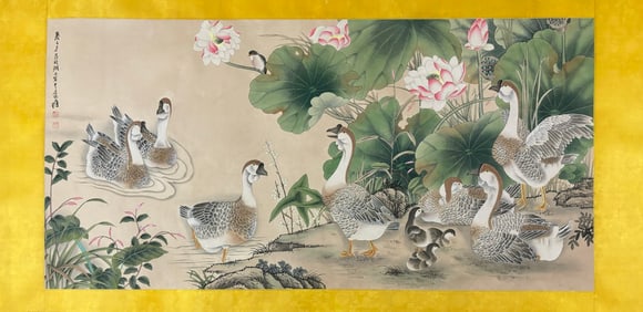 A Chinese Ink Painting of Flower and Goose on Paper