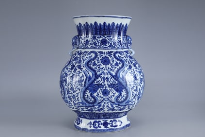 A Huge Blue and White Lotus and Dragon Pattern Elephant-Ears Vase