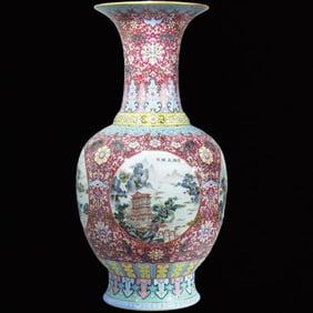 A Huge Ruby Red Glazed Landscape and Figure Pattern Vase