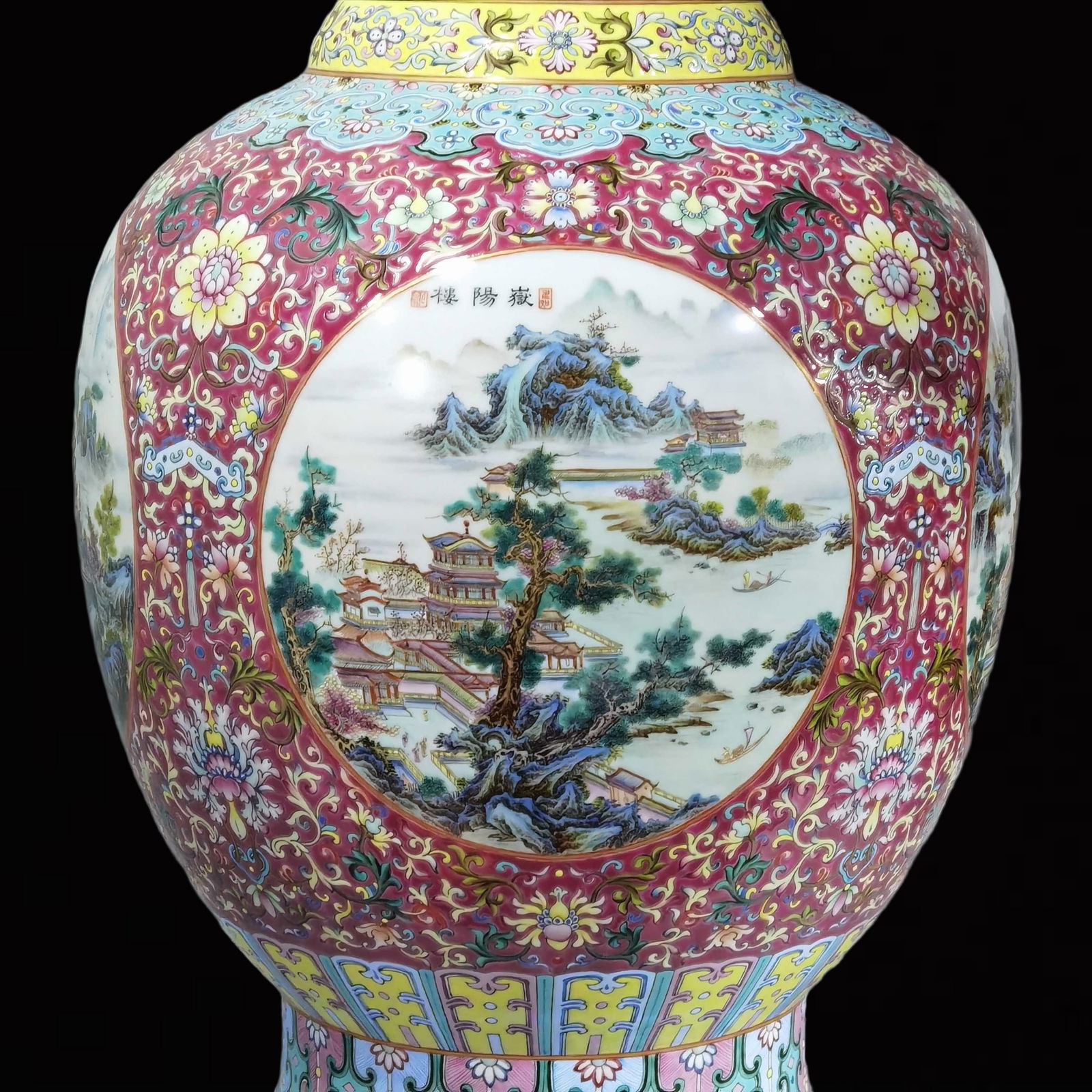 A Huge Ruby Red Glazed Landscape and Figure Pattern Vase - 4