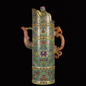 A Huge Enamel Green Ground Painted Gold Lotus Pattern Pot