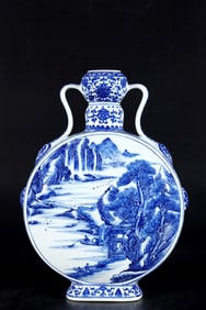 A Huge Blue and White Landscape and Figure Pattern Double-Ears Vase