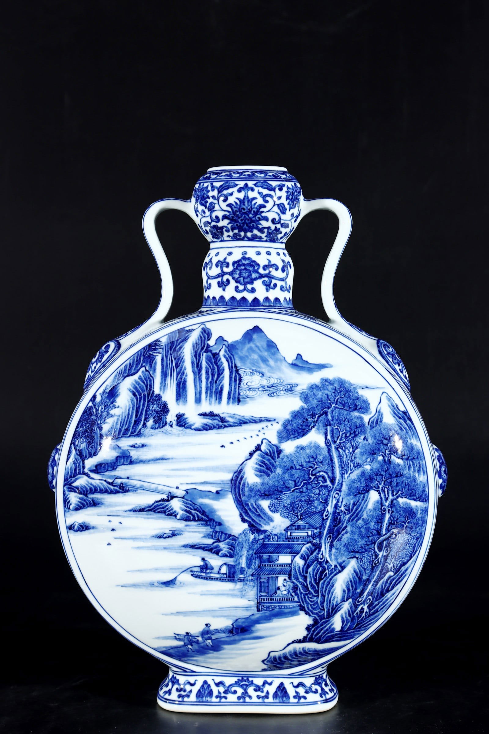 A Huge Blue and White Landscape and Figure Pattern Double-Ears Vase: A Huge Blue and White Landscape and Figure Pattern Double-Ears Vase,Qing Dynasty,China,Qianlong Six-Character Mark,Size:16.5inx12.2in 