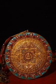 An Exquisite Silver Inlaid Dzi Bead and Gems Buddha Statue Tangka