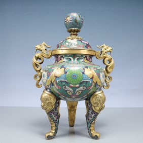 A Huge Cloisonne Beast-Face Pattern Dragon-Ears Tripod Censer