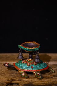 An Exquisite Bronze Cloisonne Inlaid Dzi Bead and Turquoise Turtle Ornament