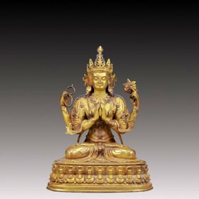 A Solemn Gilt Bronze Statue of Four-Armed Guanyin