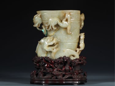 A Fine White Jade Auspicious Beast Pattern Cup