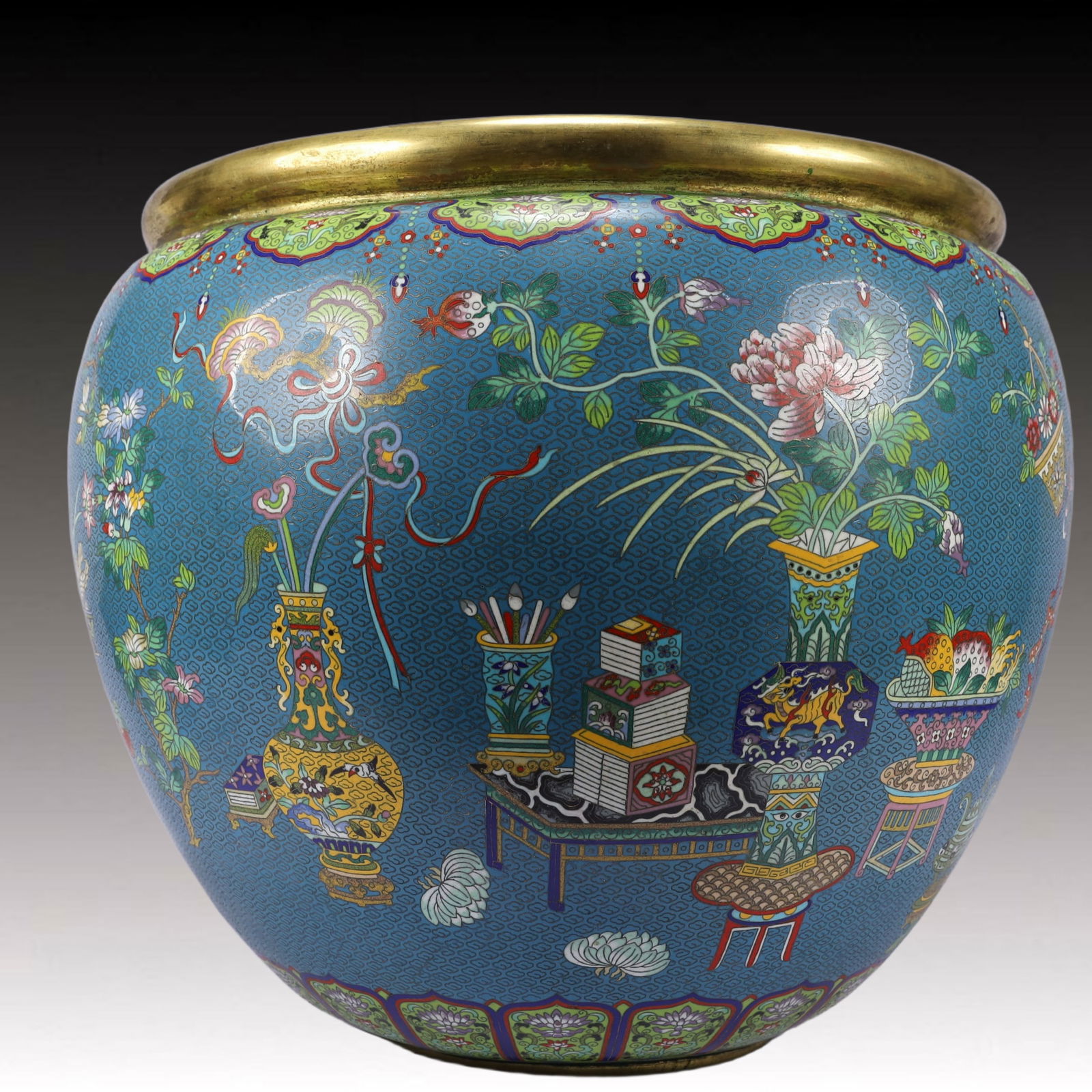 A Huge Cloisonne Flower and Fruit Pattern Water Pot: A Huge Cloisonne Flower and Fruit Pattern Water Pot,Qing Dynasty, China,Qianlong Four-character Mark,Size:20.5inx18.1in,Weight:34500g 景泰蓝花果纹水盂,&