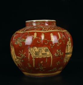 An Exquisite Red Ground Yellow Glazed Figure and Story Pattern Jar