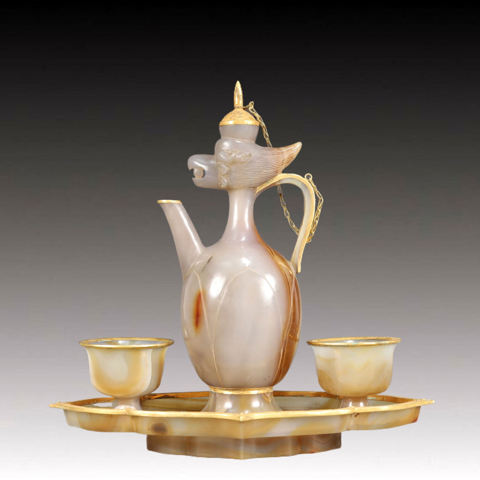 A Set of Fine Agate Cover with Gold Phoenix Pattern Pots: A Set of Fine Agate Cover with Gold Phoenix Pattern Pots,Qing Dynasty, China,Size:9.8inx5.1inx9.4in,Weight:750g 