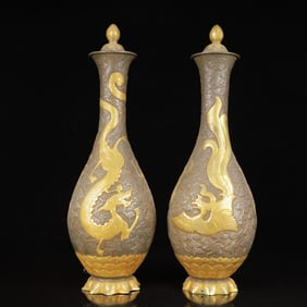 A Pair of Exquisite Gilt Silver Dragon and Phoenix Pattern Vases