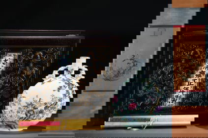 A Rare Famille-Rose Flower and Bird Pattern Double-Ears Vase,with Poem,with Chinese Vertical Scroll