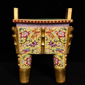 An Exquisite Yellow Ground Famille-Rose Lotus Pattern Double-Ears Ding