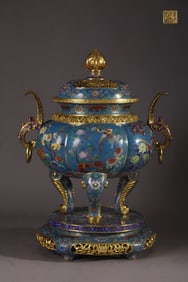 An Exquisite Cloisonne Flower and Bird Pattern Double-Ears and Tripod Censer,with Base