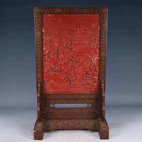 A Huge Carved Red Lacquer Landscape and Figure Pattern Table Screen