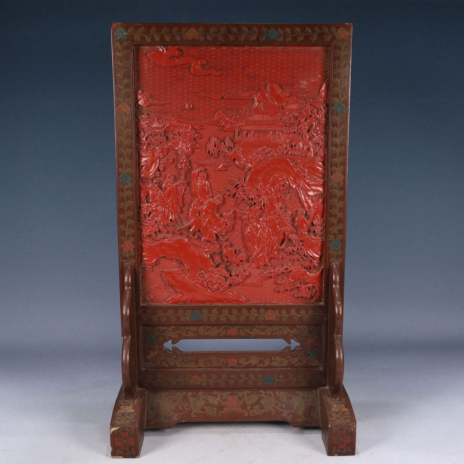 A Huge Carved Red Lacquer Landscape and Figure Pattern Table Screen (1 of 9)