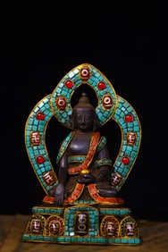 An Exquisite Bronze Inlaid Dzi Bead and Turquoise Statue of Sakyamuni