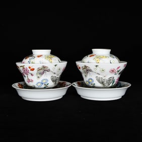 A Pair of Exquisite Famille-Rose Flower and Butterfly Pattern Bowls with Cover