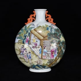 A Rare Famille-Rose Figure and Story Pattern Double-Ears Vase,with Poem