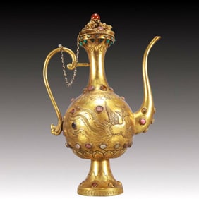 A Rare Gilt Bronze Phoenix Pattern Ewer, Inlaid Gems