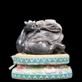 An Exquisite Greenish Jade Lotus Leaf Pattern Goose Ornament,With Base
