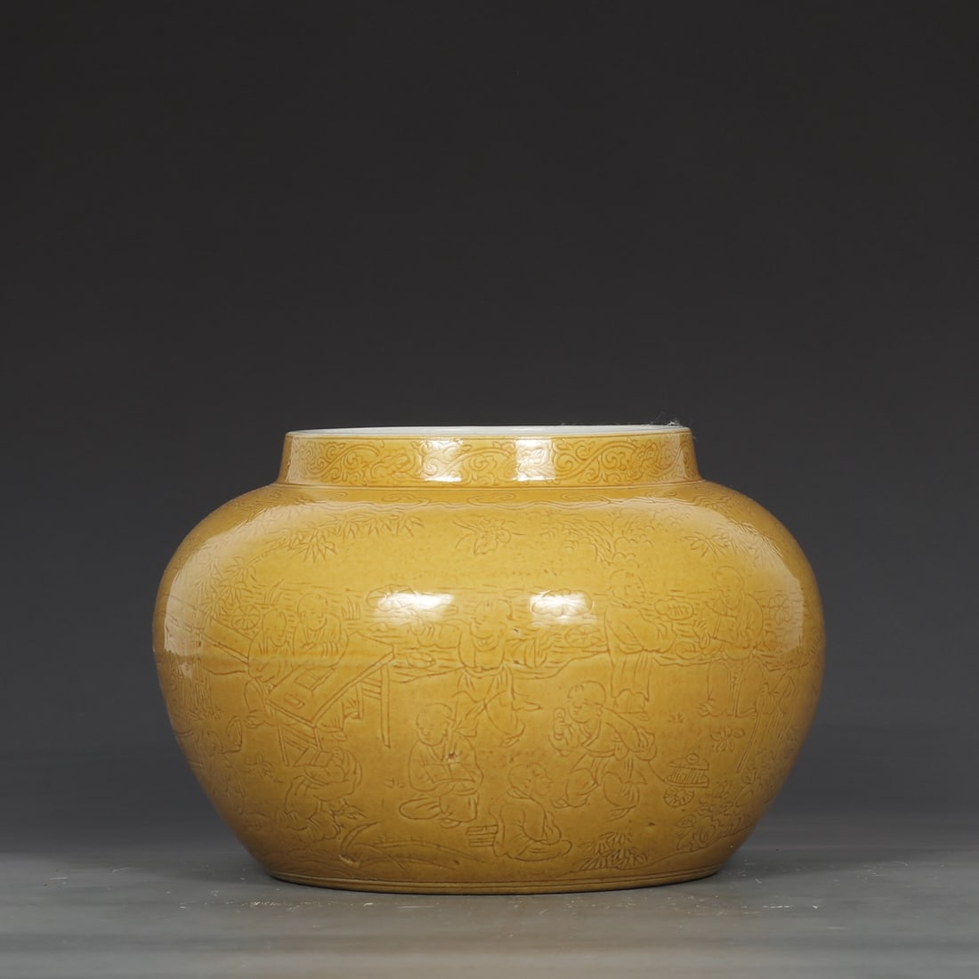 An Exquisite Yellow Glazed Figure and Story Pattern Jar: An Exquisite Yellow Glazed Figure and Story Pattern Jar,Ming Dynasty,China,Jiajing Six-Character Mark,Size:6.3inx5.3in 