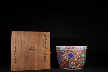 An Exquisite Red Ground Yellow Glazed Flower and Dragon Pattern Vat