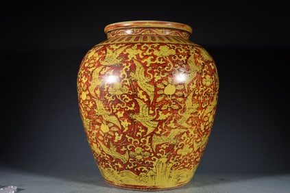 A Rare Red Ground Yellow Glazed Flower and Crane Pattern Jar