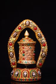 An Exquisite Silver Inlaid Dzi Bead and Gems Ornament,with Scriptures