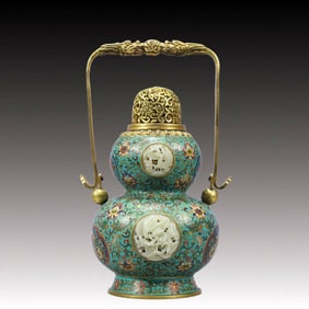 An Exquisite Cloisonne Inlaid White Jade Lotus and Dragon Pattern Gourd-Shaped Vase