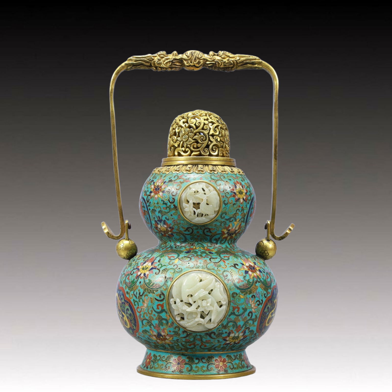 An Exquisite Cloisonne Inlaid White Jade Lotus and Dragon Pattern Gourd-Shaped Vase: An Exquisite Cloisonne Inlaid White Jade Lotus and Dragon PatternGourd-Shaped Vase ,Qing Dynasty, China,Qianlong Four-character Mark,Size：5.9inx11in; Weight：1950g 景泰蓝