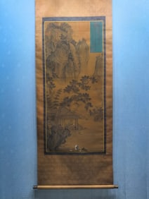 A Chinese Vertical Scroll Ink Painting of Landscape and Figure on Silk