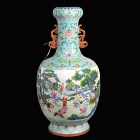 A Huge Famille-Rose Green Ground Figure and Story Pattern Double-Ears Vase