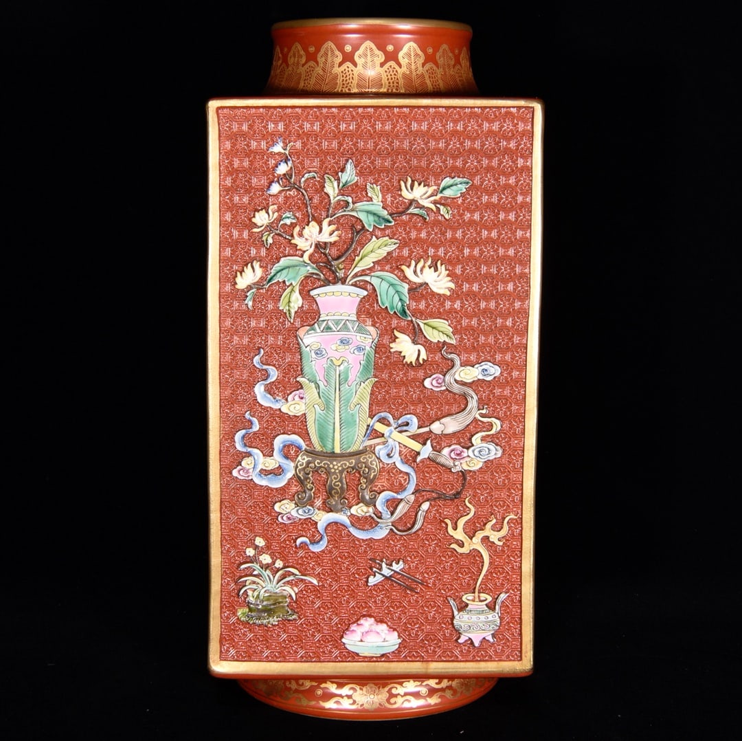 A Rare Coral Red Glazed Famille-Rose Eight Treasures Pattern Vase: A Rare Coral Red Glazed Famille-Rose Eight Treasures Pattern Vase,Qing Dynasty,China,Qianlong Six-Character Mark,Size:11.8inx5.5in 珊瑚红釉粉彩八宝ń