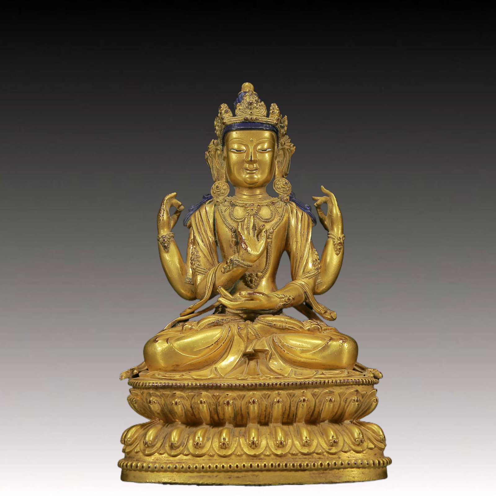 A Solemn Gilt Bronze Four-Armed Statue of Avalokitesvara (1 of 10)