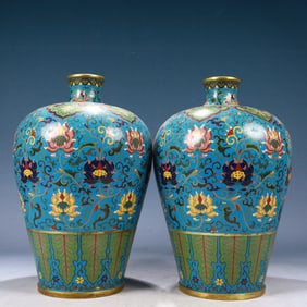 A Pair of Rare Cloisonne Lotus Pattern Vases