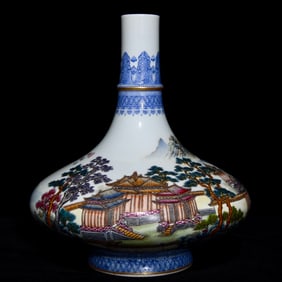 A Precious Famille-Rose Landscape and Figure Pattern Vase, With Poem