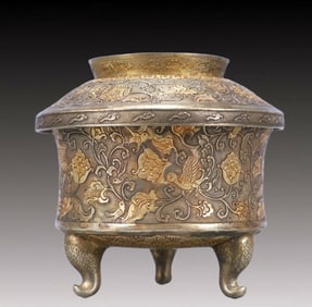 A Rare Gilt Silver Flower and Bird Pattern Tripod Censer