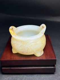 An Exquisite White Jade Character Boating Pattern Double-Ears and Tripod Censer