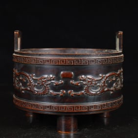A Rare Bronze Chi-Dragon Pattern Double-Ears and Tripod Censer