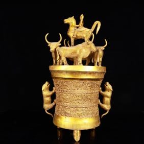 A Rare Gilt Bronze Buffalo Pattern Double-Ears and Tripod Jar