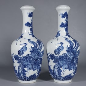 A Pair of Rare Blue and White Pine and Crane Pattern Vases