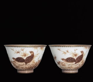 A Pair of Exquisite Ink Color Bird and Bamboo Pattern Cups,with Poem