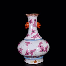 A Rare Ruby Red Glazed Butterfly Pattern Beast-Ears Vase