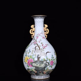 A Rare Famille-Rose Flower and Crane Pattern Double-Ears Vase,with Poem