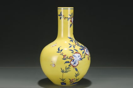A Rare Yellow Ground Underglaze-Red Bats and Peach Pattern Vase,with Chinese Vertical Scroll Ink